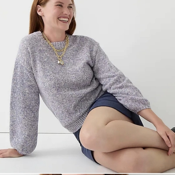 J Crew Balloon Sleeve Cotton/Linen Heathered Purple Crewneck Sweater - Picture 4 of 8